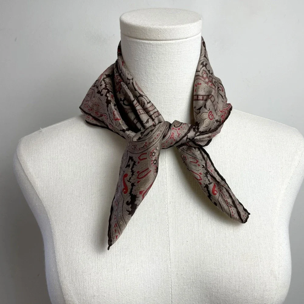 Vintage Silk Square Scarf Italy Hand Rolled Paisley Brown Preppy Old Money